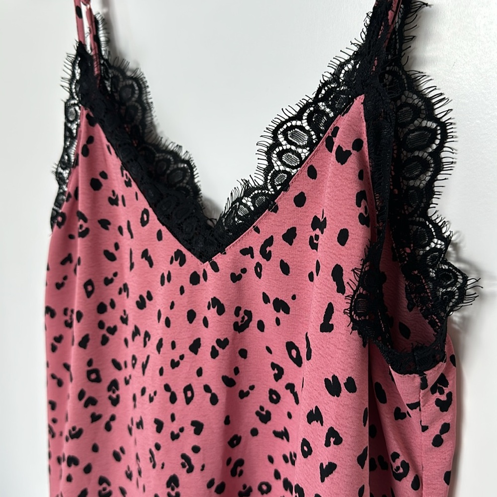 H&M Pink Leopard Print Cami Top with Black Lace Trim